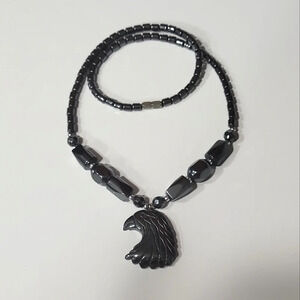 Authentic Hematite𝅺 Eagle Head Pendant Charm Statement‎ Men's Necklace